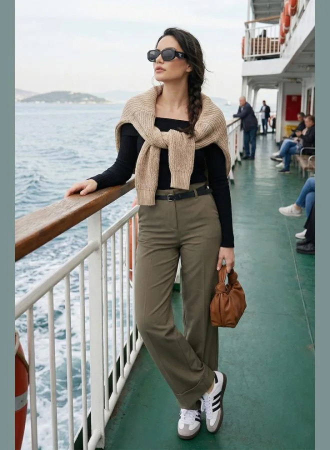 Lela Lela Wide Leg High Waist Wide Leg Trousers with Rolled Detail and Belt, Women's Pants 6923841